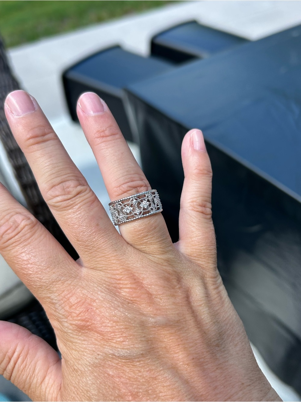 4/$100 Silver Floral Filigree Wide Band Ring - White size 7